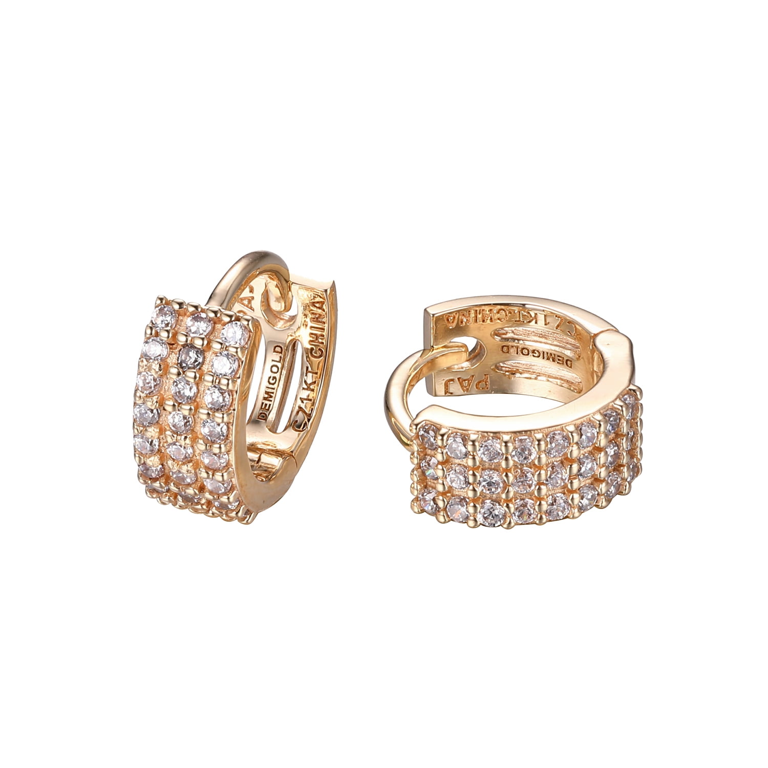 1K Yellow Gold Cubic Zirconia Triple Row Hoop Earrings, 0.37"