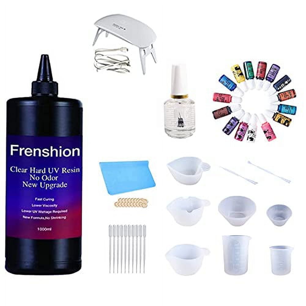 1KG Upgrade Clear Odorless Hard Resin + Portable Led Lamp+15Pigment+Shine Oil +12Pcs Type of Silicone Resin Tool Cup Stick, Mat and Finger Cots for Jewelry Making Casting and Coating