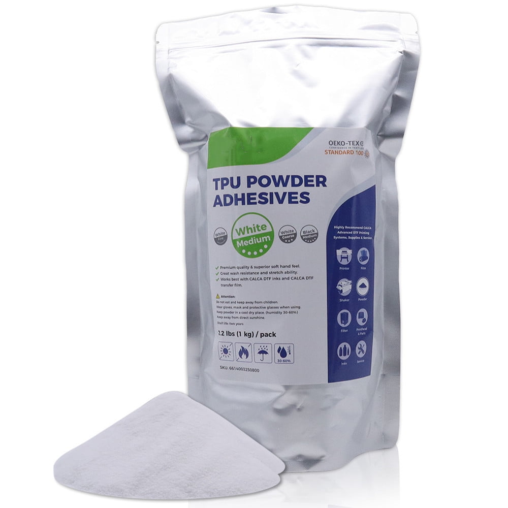 CALCA Direct to Film TPU DTF Powder, Digital Transfer Hot Melt Adhesive  Powder (44lbs , 20kg/Barrel, White) - DTF2U