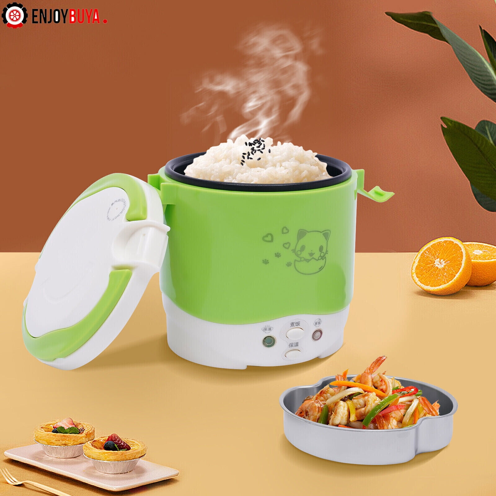 1L/ 0.26Gal Mini Rice Cooker Steamer, Camping Rice Cooker Pot Portable Electric Rice Cooker with Measuring Cup and Spoon, Car-mounted Small Rice Cooker for Travel Outdoor,Home,Office(Green)