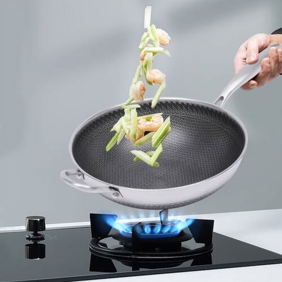 1L 12" Stainless Steel Kitchen Frying Pan Non Stick Double Sided Honeycomb Wok