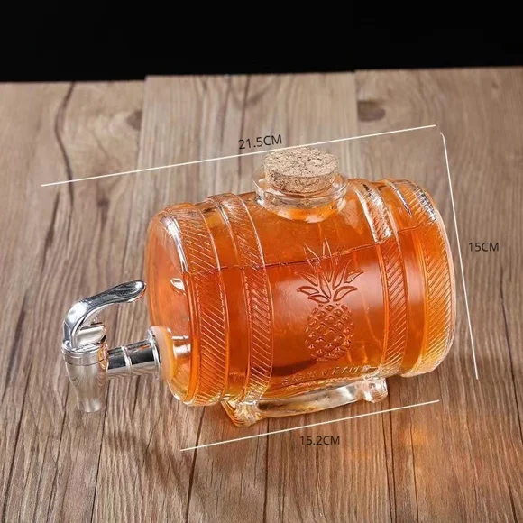 1L Beverage Barrel with Faucet Embossed Clear Glass Wine Barrel Wine Whiskey Juice Can Creative Beer Jugs