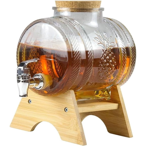 1L Clear Glass Beverage Dispenser, Leakproof Tap Drink Container with Cork Lid & Wooden Stand for Cold Drinks