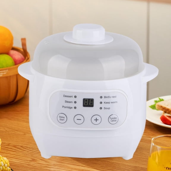 1L Electric Stew Pot Slow Cooker with Ceramic Liner and Lid for Porridge Rice Soup - Compact White Cooking Appliance