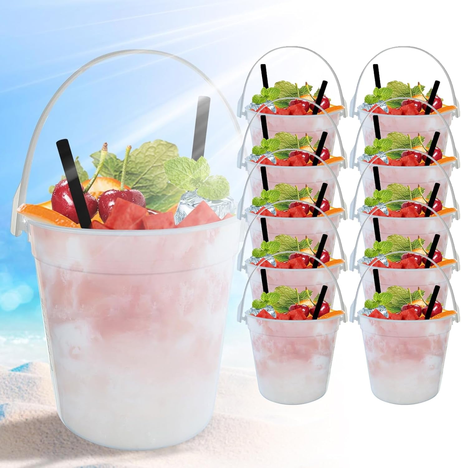 1L Ice Cream Buckets with Handles, Summer Cocktail Rum Drink Buckets, Clear Plastic Containers