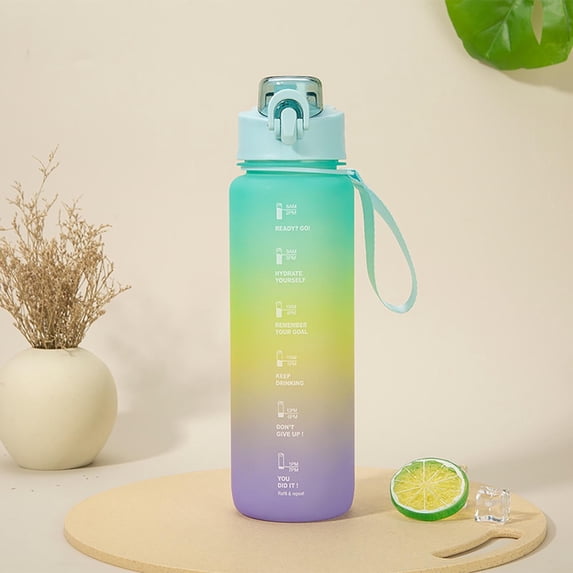 1L Sports Water Cup Large Capacity Fitness Bottle with Straw Leakproof Flip Lid One Touch Lock Motivational Time Marker BPA Free Copolyester for Gym School Office Outdoor