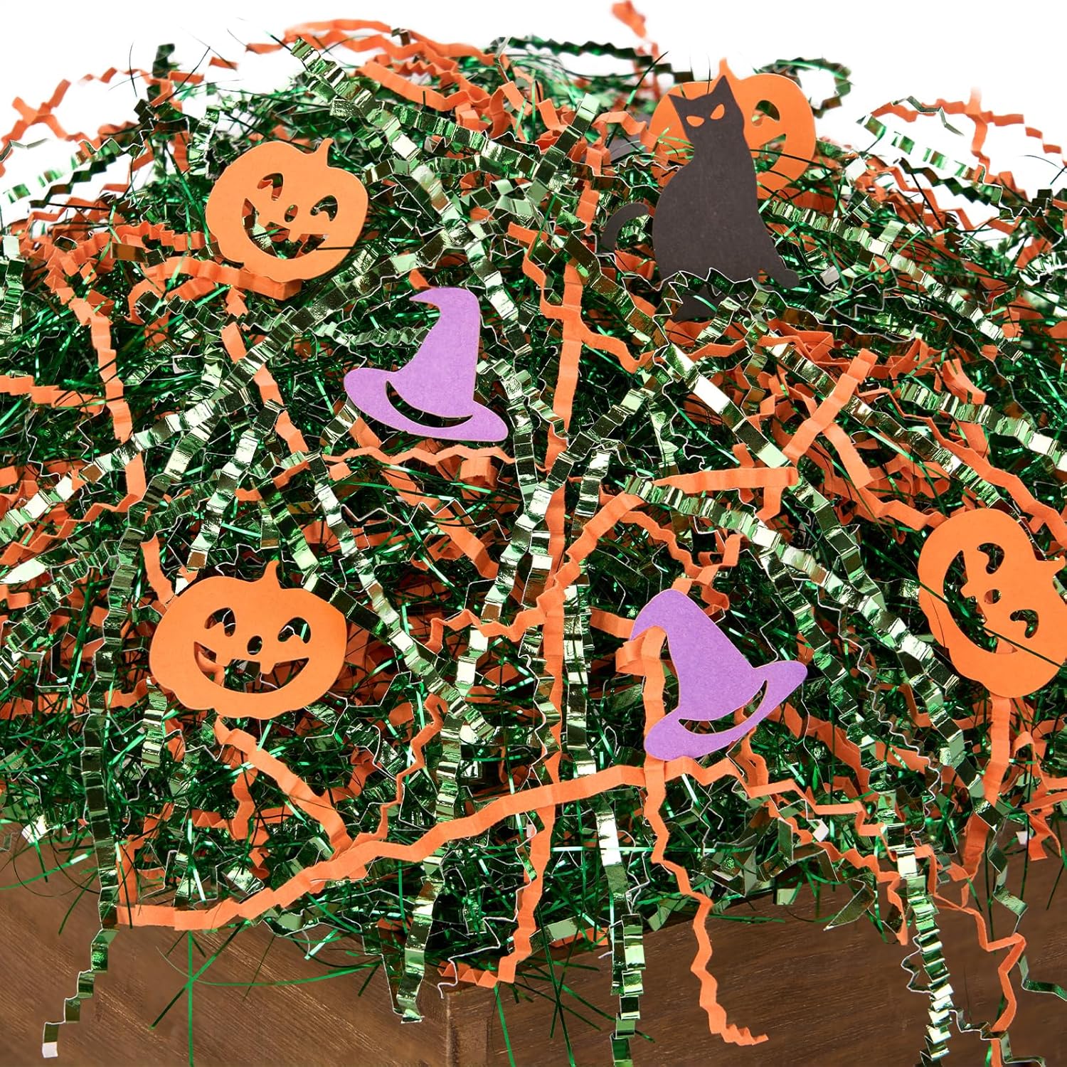1LB Halloween Witch Hat Crinkle Cut Paper Shred Filler w/Pumpkin