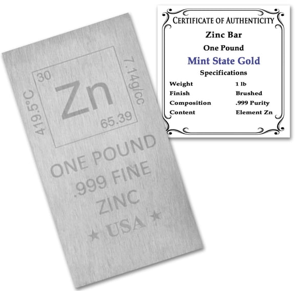 1LB Pound Zinc Flat Bar Element Design w/ Certificate of Authenticity
