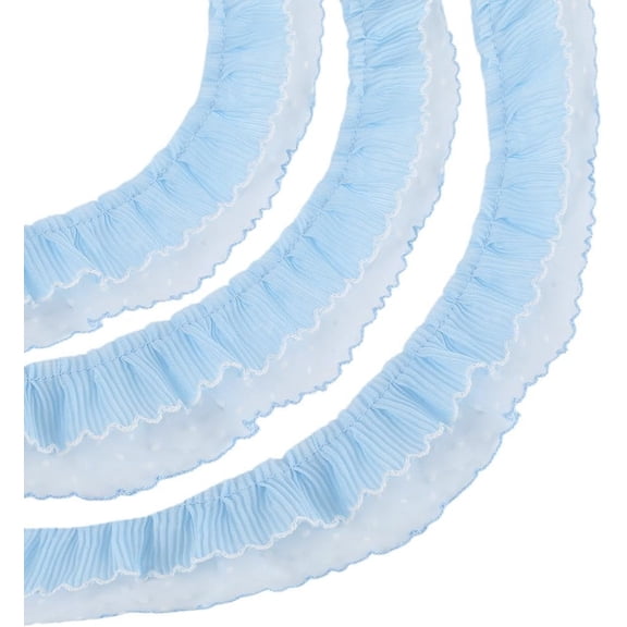 1M Double Layer Sky Blue Lace Ribbon Pleated Organza Ribbon Bridal Fibre Lace Fabric Stretch Hair Ties Edge Trim Bulk Ribbon with Polka Dot for Sewing Making Gift Packaging Crafts Supply