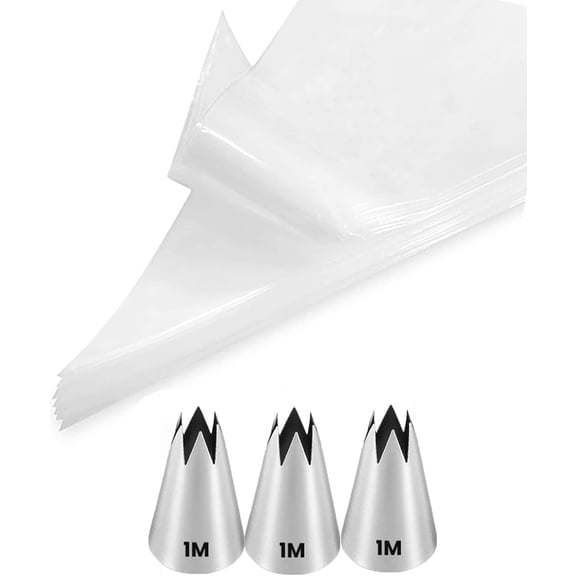 1M Open Star Piping Tips,1M Tips with Bags,3 Rosette Tip with 20 Disposable Piping Bags for Cake Decorating