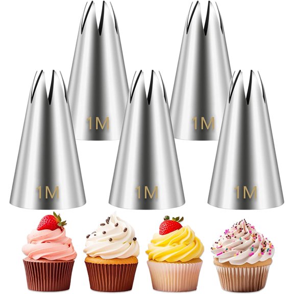 1M Piping Tips, Seamless Stainless Steel Large Star Piping Tips Set, Cupcake Pastry Tips for Cookie and Cake Decorating, DIY Cream, 5 Pieces
