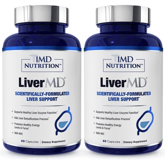 1MD Nutrition LiverMD for Liver Detox & Support | Siliphos Milk Thistle Extract, Highly Bioavailable | 60 Capsules (2-pack)