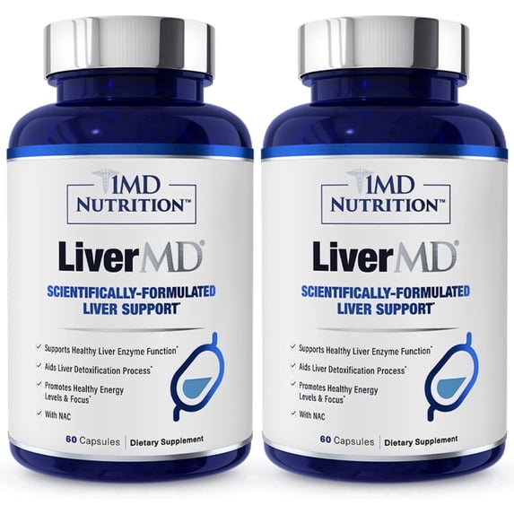1MD Nutrition LiverMD for Liver Detox & Support | Siliphos Milk Thistle Extract, Highly Bioavailable | 60 Capsules (2-pack)