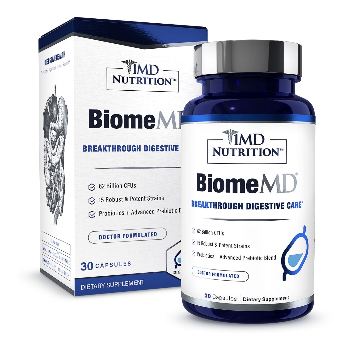 1MD Nutrition BiomeMD Probiotics | 62 Billion CFUs, 15 Clinically Studied Strains - Pro & Prebiotics | Doctor-Formulated for Digestive Health & Immune Support | 30 Capsules
