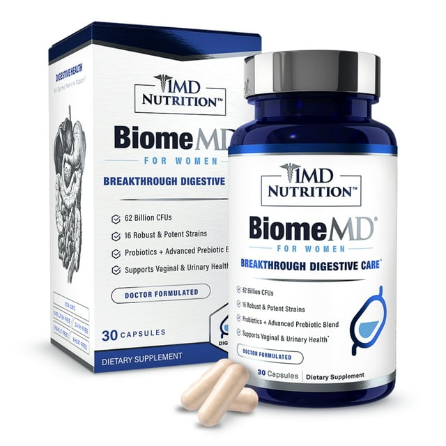 1MD Nutrition BiomeMD Probiotics for Women | Digestive Supplement with 62 Billion CFUs & Prebiotics | 30 Capsules