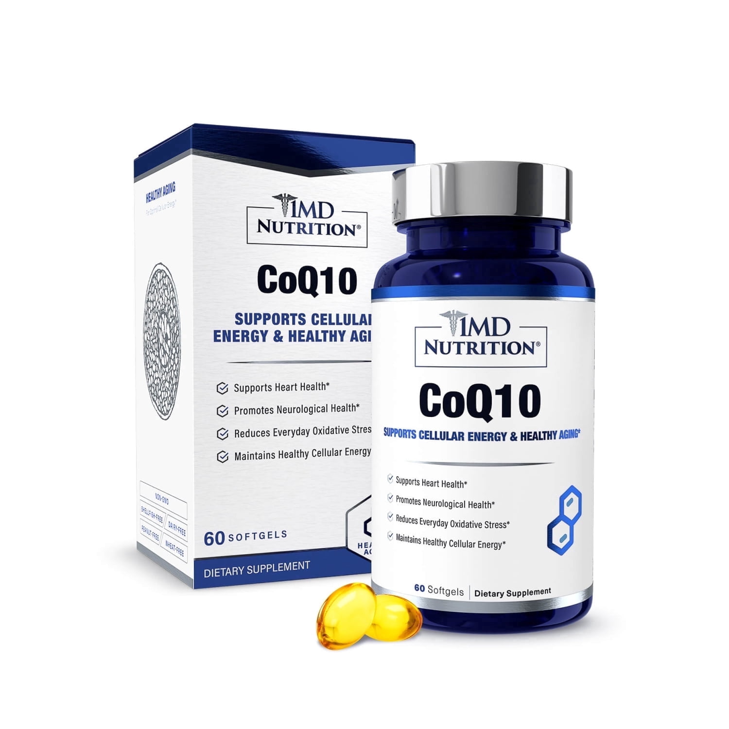 1MD Nutrition CoQ10 - For Heart Health & Cellular Energy Production - Health Supplement for Men & Women - Coenzyme Q10 Softgel - 60 days