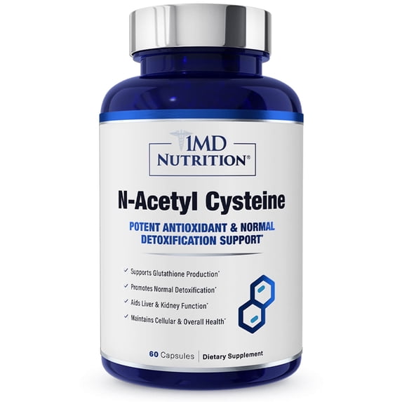 1MD Nutrition NAC Supplement N-Acetyl Cysteine - NAC 600 mg - Antioxidant Supports Detox and Glutathione Production - N Acetylcysteine Respiratory Supplement for Lung Health - 60 Capsules