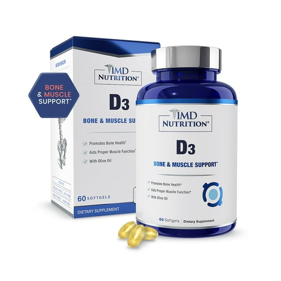 1MD Nutrition Vitamin D3 5000 IU Softgels | Bone Health, Muscle Function & Immune Support | Non-GMO with Olive Oil | 2-Month Supply