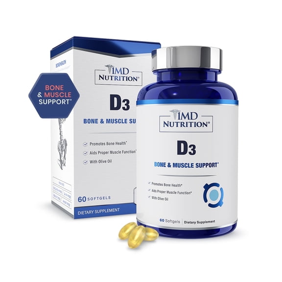 1MD Nutrition Vitamin D3 5000 IU Softgels | Bone Health, Muscle Function & Immune Support | Non-GMO with Olive Oil | 2-Month Supply