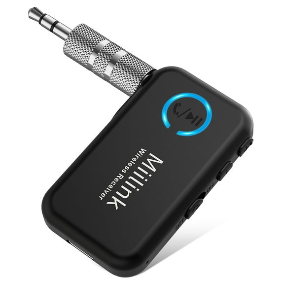 1Mii Bluetooth 5.0 Music Receiver for Car / Home Stereo, Aux Bluetooth Adapter for Car with Volume Control Supports Hands Free Calls, 15H Battery Life
