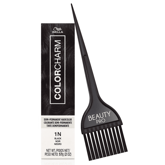 1N Black, Wella ColorCharm Demi-Permanent Creme Hair Color 2 oz + Beauty Pro Brush