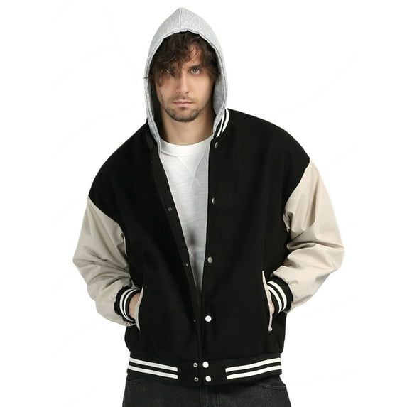1PA1 Men/Women Varsity Jacket Casual Bomber Jacket Hooded Baseball Jacket,Black,XL