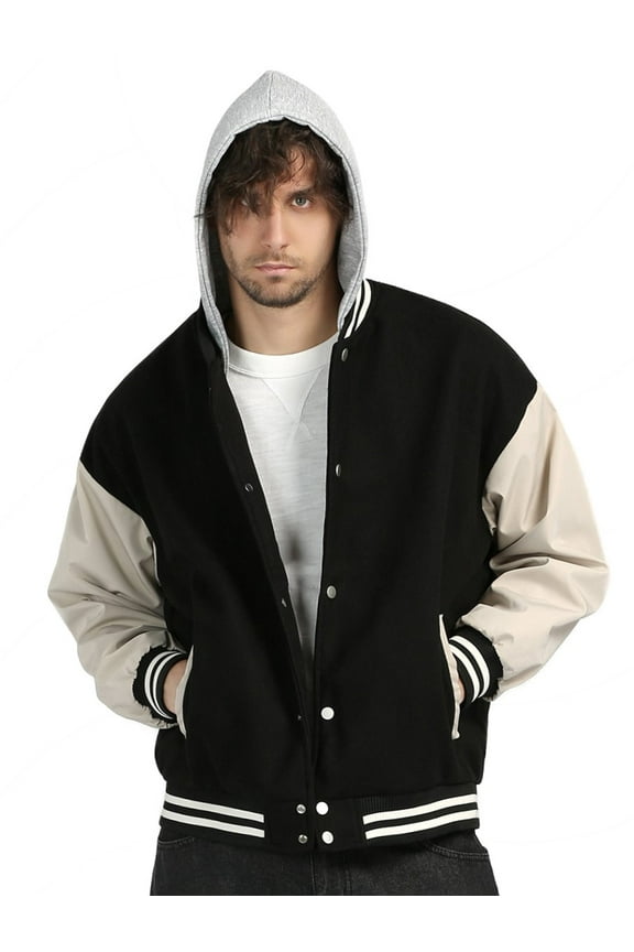 Men/Women Varsity Jacket Casual Bomber Jacket Hooded Baseball Jacket,Black,XL
