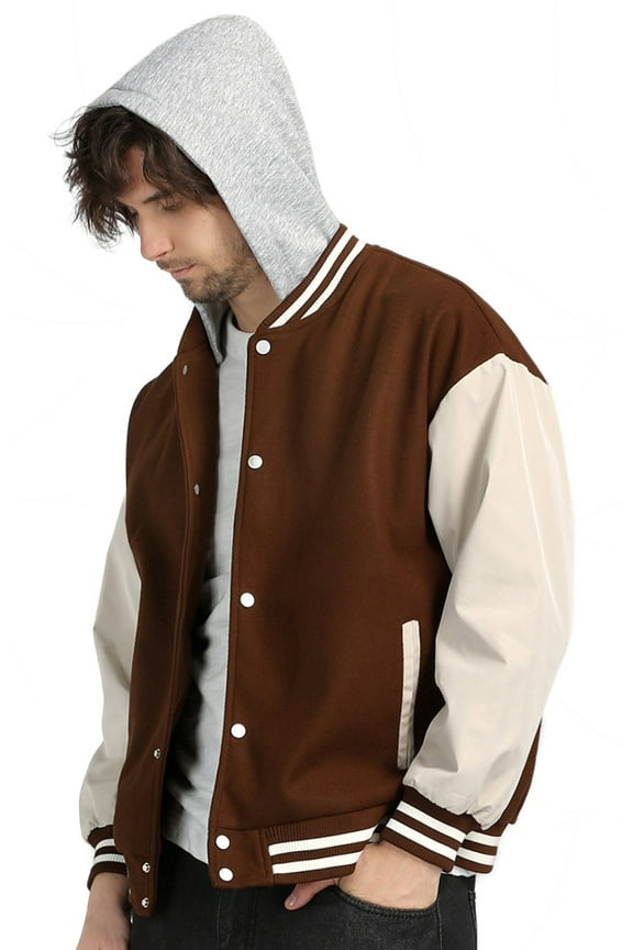 Men/Women Varsity Jacket Casual Bomber Jacket Hooded Baseball Jacket,Brown,M