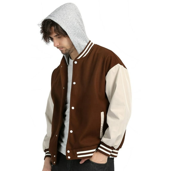 1PA1 Men/Women Varsity Jacket Casual Bomber Jacket Hooded Baseball Jacket,Brown,M
