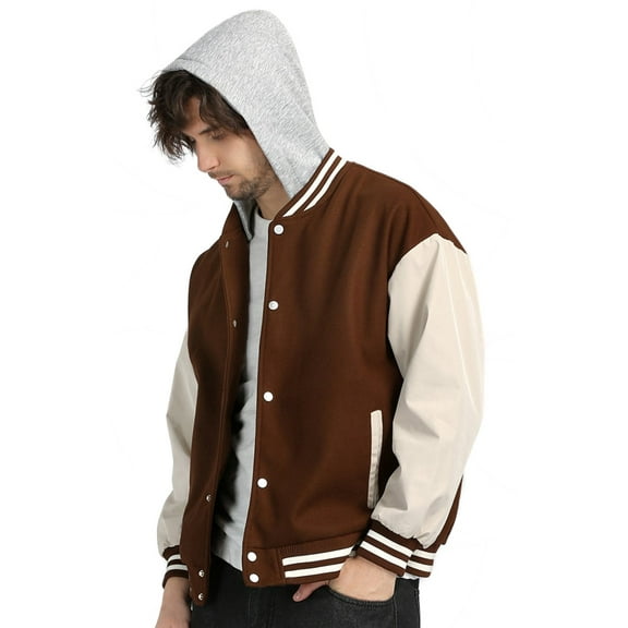1PA1 Men/Women Varsity Jacket Casual Bomber Jacket Hooded Baseball Jacket,Brown,S