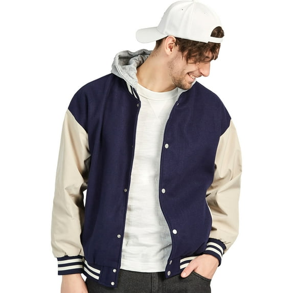 1PA1 Men/Women Varsity Jacket Casual Bomber Jacket Hooded Baseball Jacket,Navy,2XL