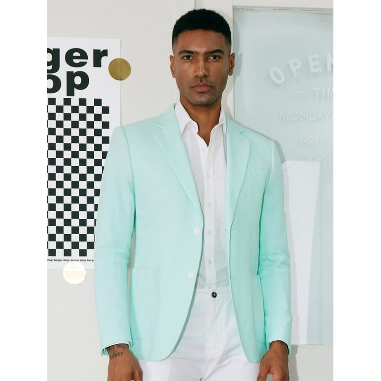 1PA1 Men's Linen Blend Suit Jacket Two Button Business Wedding Slim Fit  Blazer,Mint Green,XL