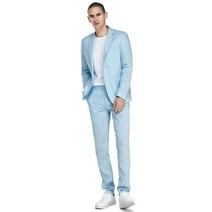 1PA1 Men's Linen Suits 2 Piece Slim Fit Suit Jacket & Pants Business Wedding Suits Light Blue L