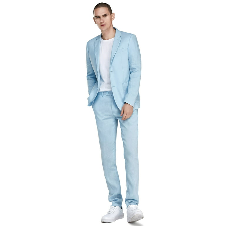 1pa1 Men's Linen Suits 2 Piece Slim Fit Suit Jacket & Pants Business Wedding Suits Light Blue L, Size: Large