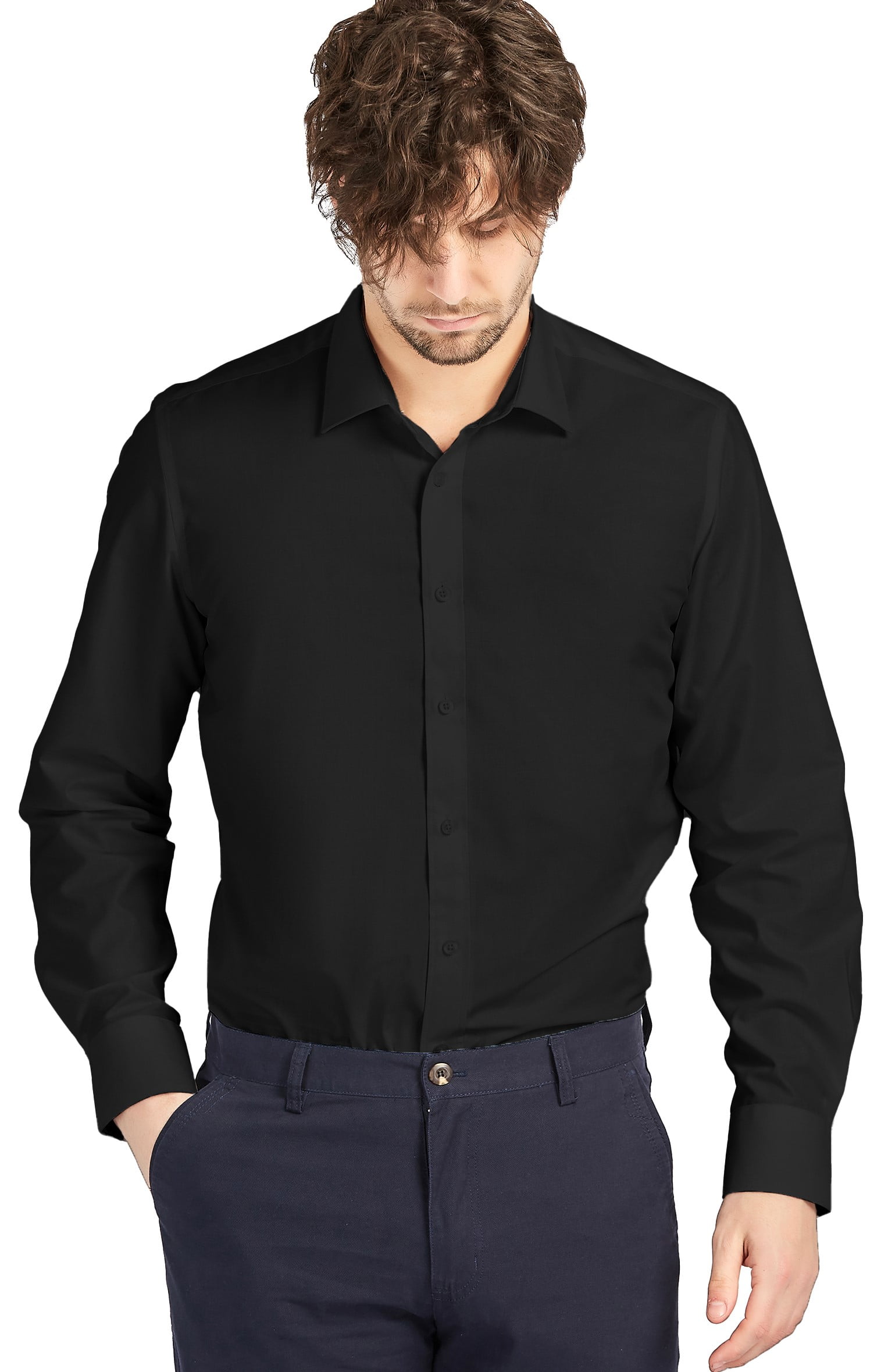 1PA1 Men's Long Sleeve Button Down Shirts Casual Formal Plain Dress