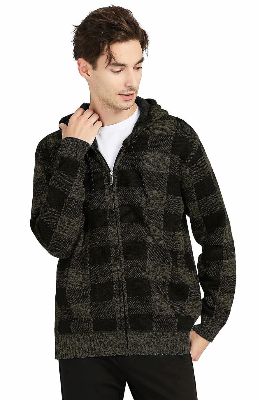 1PA1 Men's Zip Up Fleece Hooded Plaid Jacket Casual Hoodie Sweatshirt