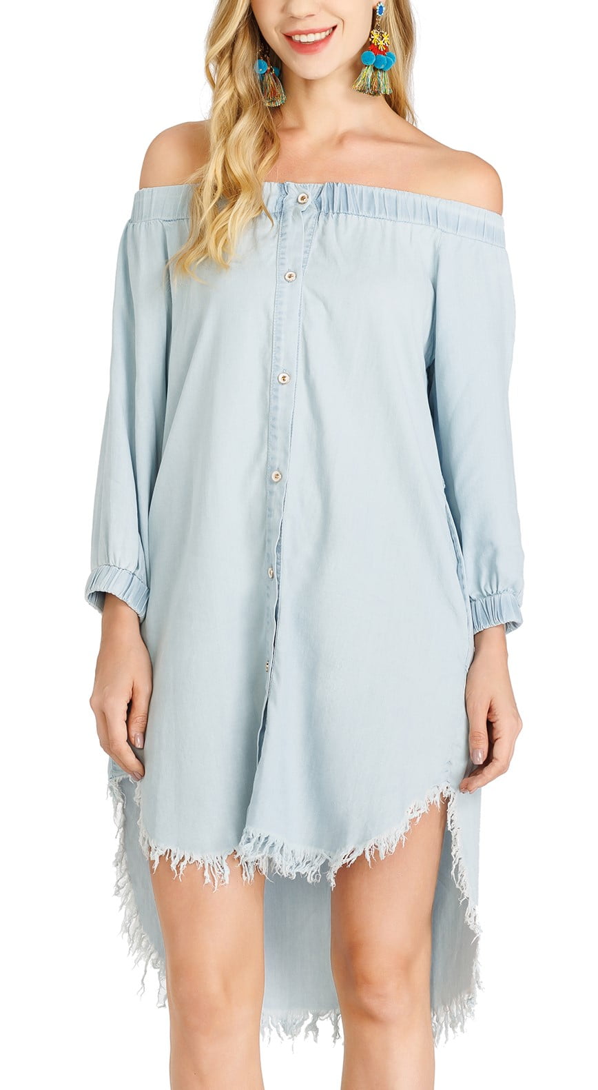 White denim off top the shoulder dress