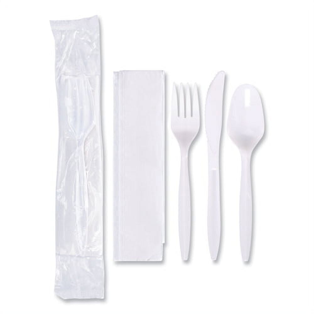 Economy Cutlery Kit, Fork/Knife/Spoon/Napkin, White, 250/Carton Economy Cutlery Kit, Fork/Knife/Spoon/Napkin, White, 250/Carton