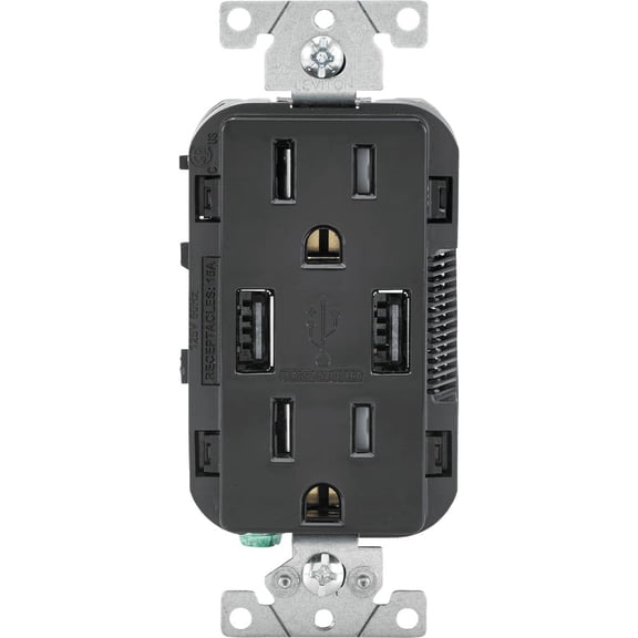 1PACK Leviton Decora 3.6A 5V Black 2-Port USB Charging Outlet with 5-15R Tamper Resistant Duplex Outlet