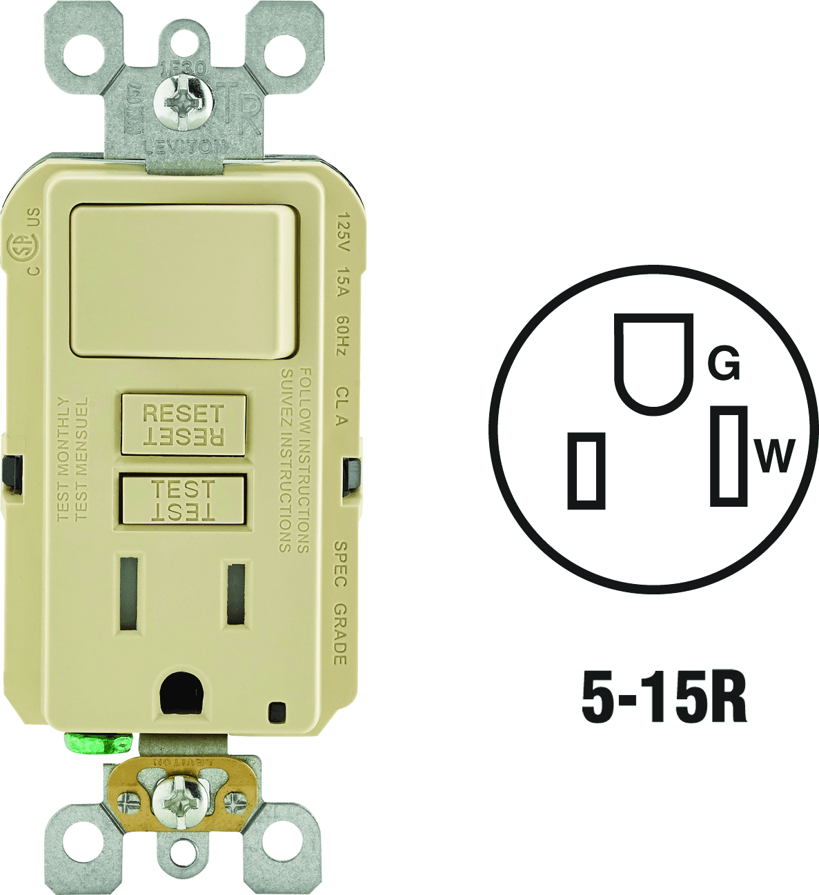 Leviton Tamper-Resistant GFCI Receptacle in Ivory — UL Listed for US Residential Electrical Code Compliance, Drop-in NEC-Standard Wiring