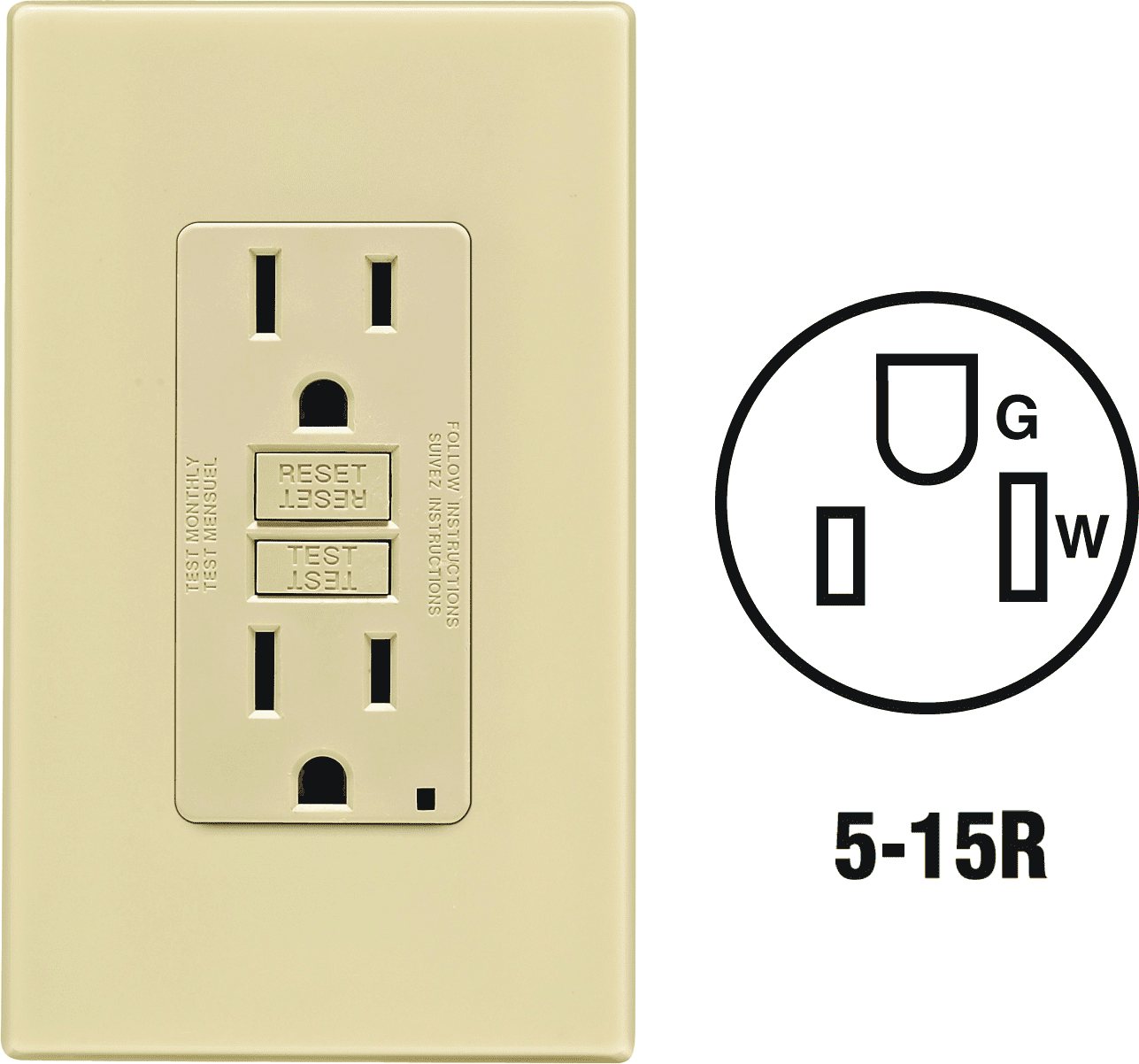 Leviton GFCI Receptacle in Ivory — UL Listed for US Residential Electrical Code Compliance, Drop-in NEC-Standard Wiring