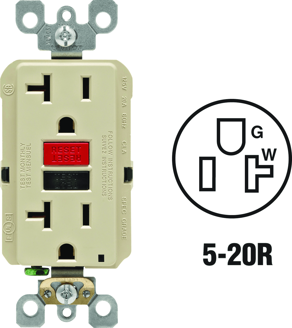 Leviton GFCI Receptacle in Ivory — UL Listed for US Residential Electrical Code Compliance, Drop-in NEC-Standard Wiring