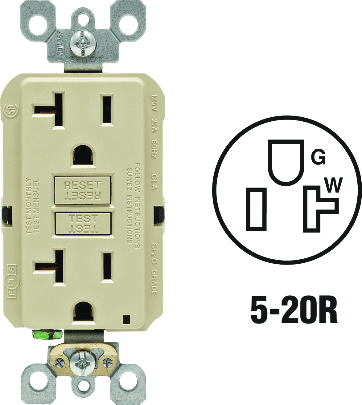 Leviton GFCI Receptacle in Ivory — UL Listed for US Residential Electrical Code Compliance, Drop-in NEC-Standard Wiring