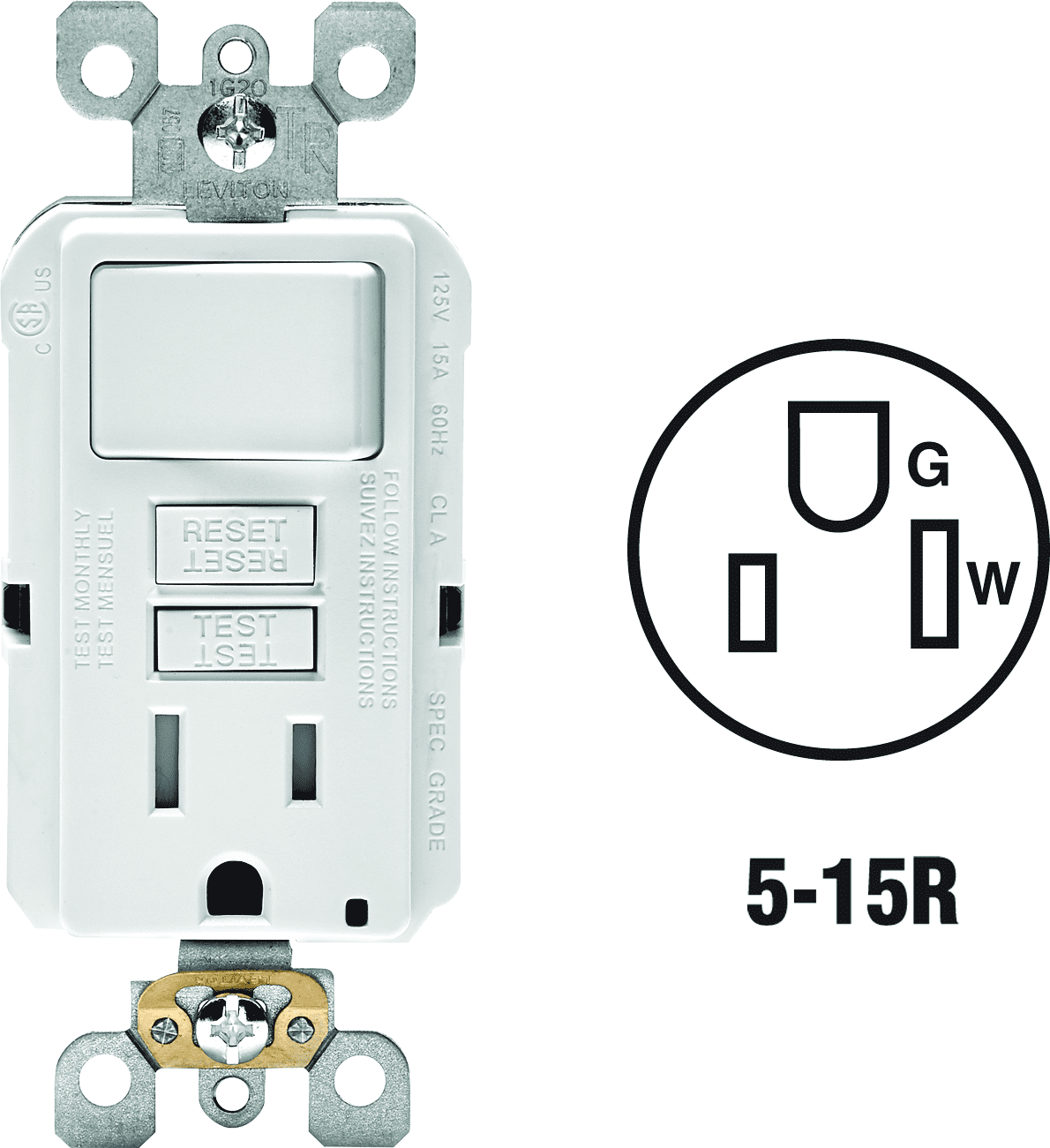 Leviton Tamper-Resistant GFCI Receptacle in White — UL Listed for US Residential Electrical Code Compliance, Drop-in NEC-Standard Wiring