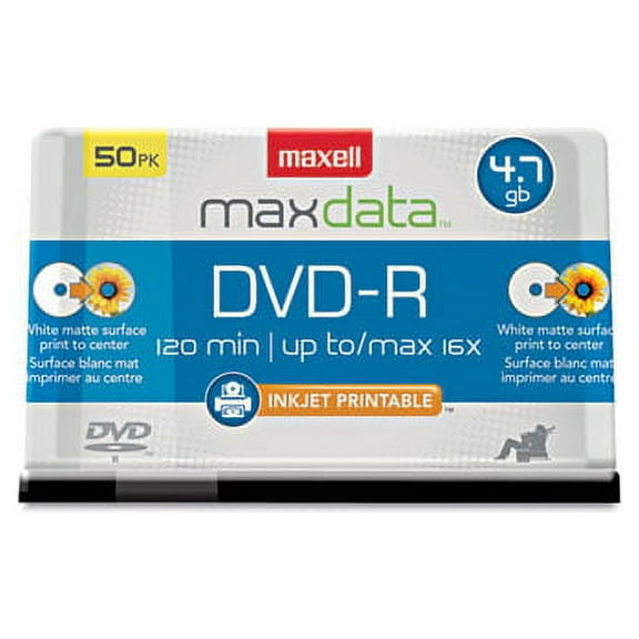 1PACK Maxell DVD-R Recordable Discs, 4.7GB, 16x, Spindle, White, 50/Pack