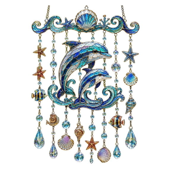 1PACK Ocean-Themed Crystal Wind Chime, Ocean Animal Stained Glass Wind Chime for Outside, Acrylic Hanging Wind Chime with Crystal Pendants for Home Garden Porch Balcony,Dolphin