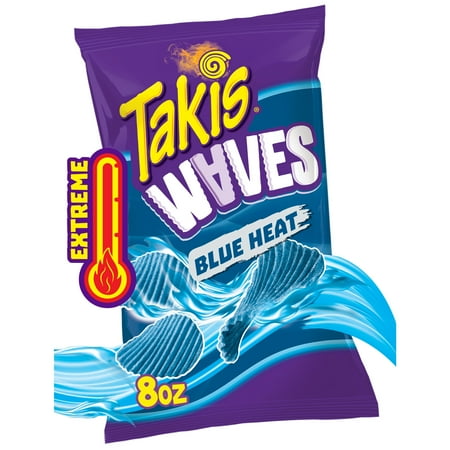 1x Takis Blue Heat Waves 8 oz Sharing Size Bag, Hot Chili Pepper Wavy Potato Chips