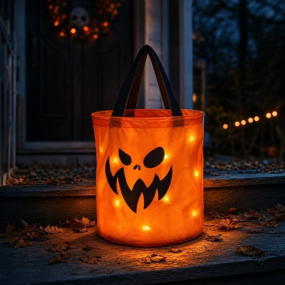 1PC 12 x 10 Inches Light LED Halloween Trick or Treat Bucket, Candy Pumpkin Large Bags, Collapsible Ghost Multipurpose Reusable Halloween Basket Birthday Party Goodie (A)