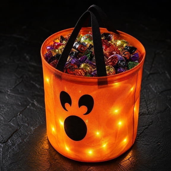 1PC 12 x 10 Inches Light LED Halloween Trick or Treat Bucket, Candy Pumpkin Large Bags, Collapsible Ghost Multipurpose Reusable Halloween Basket Birthday Party Goodie (C)