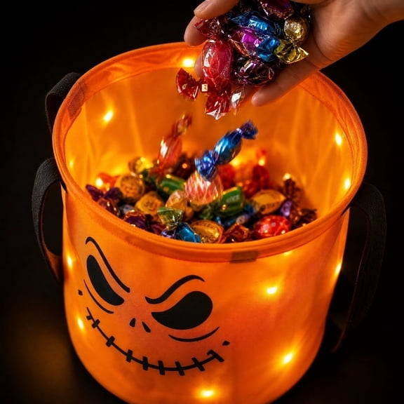 1PC 12 x 10 Inches Light LED Halloween Trick or Treat Bucket, Candy Pumpkin Large Bags, Collapsible Ghost Multipurpose Reusable Halloween Basket Birthday Party Goodie (B)